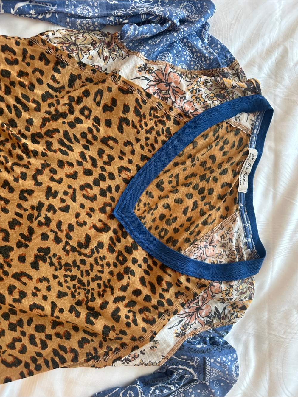 Leopard Print Long Sleeve Raglan Tee with Blue Bandana Sleeves - Picture 2 of 7